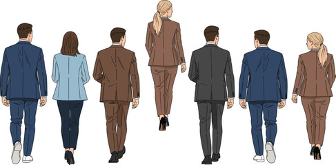 Fototapeta premium Business people walking rear view collection, professional men and women office workers in suits corporate team vector illustration