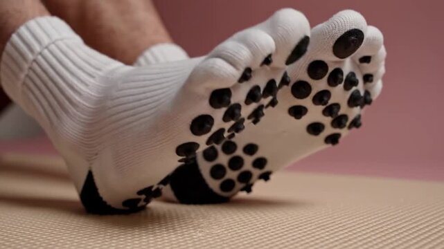 Close-up feet in white non-slip socks on exercise mat.