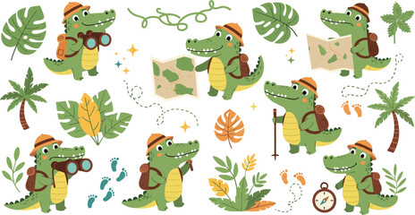 Cute Cartoon Crocodile Explorer Adventure Set with Map Backpack Binoculars Jungle Leaves Footprints Safari Vector Illustration © MdAbuSayed