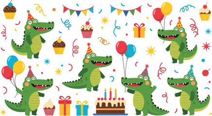 Cute Cartoon Crocodile Birthday Party Set with Balloons Cake Gifts Cupcakes Confetti Happy Alligator Celebration Vector Illustration