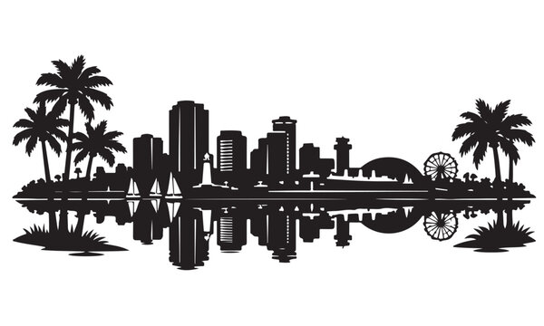 Long Beach Skyline Silhouette, Silhouette Vector, Isolated on White Background