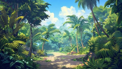 Obraz premium Lush tropical jungle landscape with vibrant greenery and scattered sunlight illuminating the serene environment