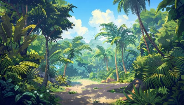 Lush tropical jungle landscape with vibrant greenery and scattered sunlight illuminating the serene environment