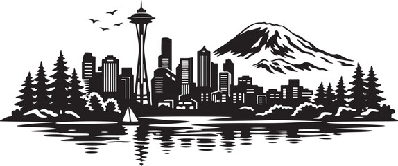 Seattle Skyline Silhouette, Silhouette Vector, Isolated on White Background © Hin