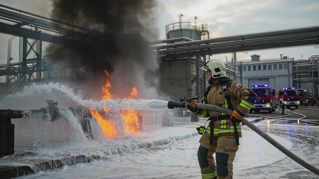 Firefighter's Valor: A courageous firefighter fearlessly battles an industrial blaze, wielding a powerful hose against the raging flames, while smoke billows into the air.