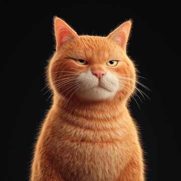 Stylized portrait of an orange tabby with a stern, almost judgmental expression, isolated on black for a dramatic character-driven pet image with strong visual attitude.