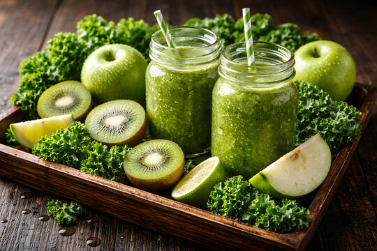 Fresh Green Smoothies with Kiwi Apple and Kale