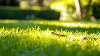 A green snake slithers through lush green grass, illuminated by sunlight