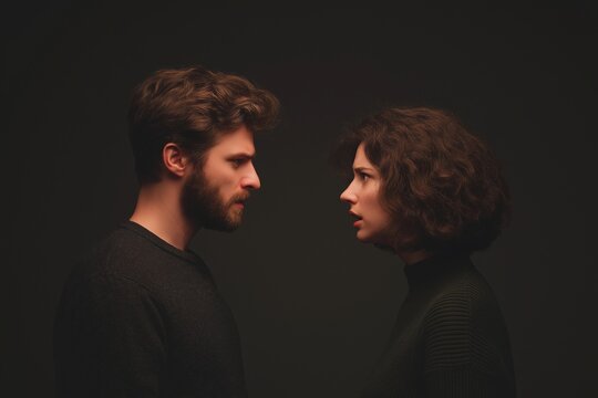 Tense face-to-face portrait of a couple suspended in unresolved silence