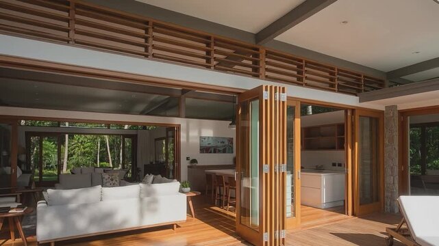 Luxurious Living Space with Wooden Accents: An inviting, sun-drenched interior showcases a seamless integration of indoor and outdoor living.