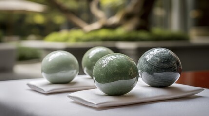 Elegant Green and Gray Marble Orbs Displayed on White Table Linen