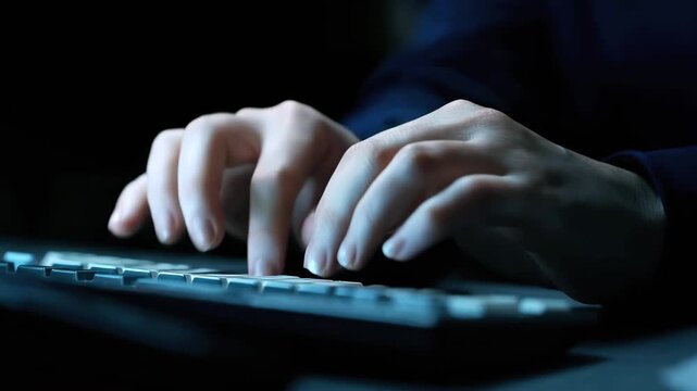 Tight shot hands tapping keys in dark room, tense lowkey lighting, cybersecurity specialist performing penetration test, rapid keystrokes, shadowed wrist, focused operator monitoring