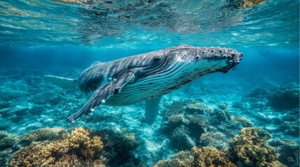 Fototapeta premium Majestic Humpback Whale Swimming Above Vibrant Coral Reef