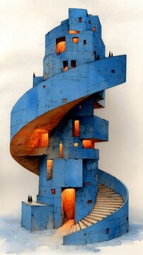 illustration of a unique blue library tower with spiral staircase
