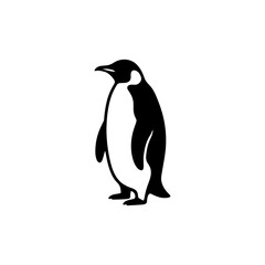 A clean, black and white vector silhouette of an emperor penguin standing on a white background. Perfect for logo design, nature symbols, and educational icons.