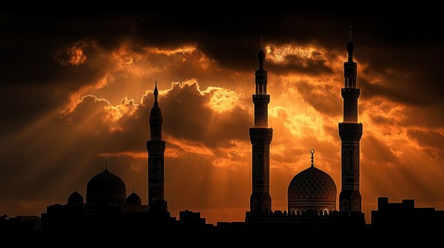 eastern city black silhouette with domes, minarets, and narrow streets, warm gradient sky, clean vector style, minimalistic and stylized illustration