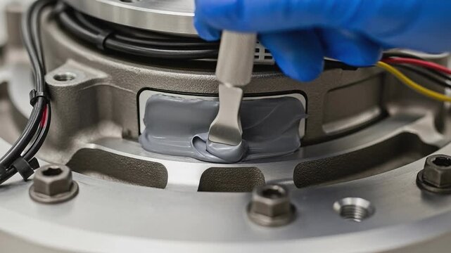 Precision in Engineering: A skilled hand, clad in a protective glove, meticulously applies sealant to a complex mechanical component.