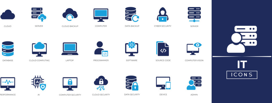 IT icon set. Technology, network, Including server, computer, database, software development and more. Solid icon collection.