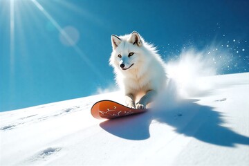 Fototapeta premium White Arctic Fox Riding Snowboard