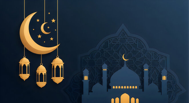 Ramadan kareem illustration featuring a crescent moon lanterns and a mosque backdrop