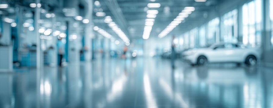 Blurred interior of a modern automotive service center with white cars and bright lights, concept for dealership promotion, vehicle maintenance services and industrial workshop background