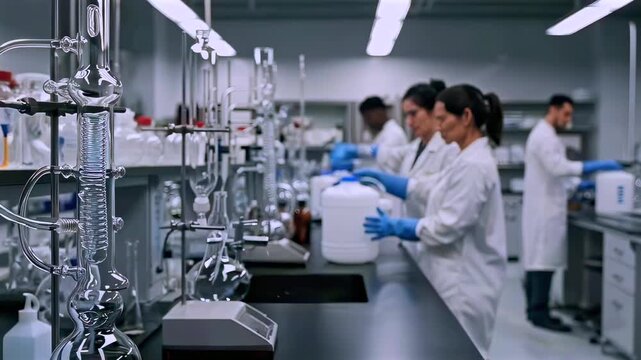 Asian scientists processing samples at benchtop, busy research lab with motion blur, technicians in labcoats wearing blue gloves pipetting reagents, stainless benchtops and glassware,