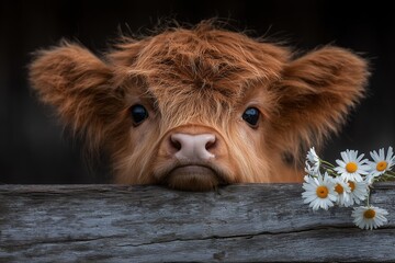Adorable fluffy ginger Highland calf peeking over a rustic wooden fence with white daisy flowers, concept for organic farming, rural life posters and cute animal greeting cards