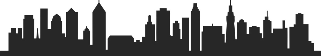 Obraz premium Modern urban city skyline silhouette with downtown skyscrapers and buildings, minimalist black cityscape illustration isolated on light background, metropolitan architecture skyline design concept