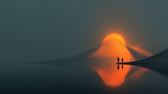 two silhouetted figures stand on an impossible bridge