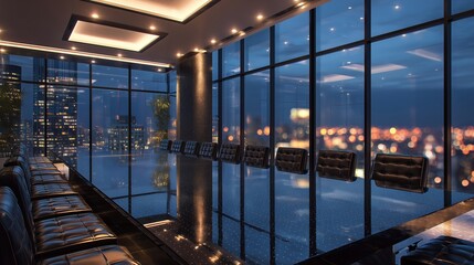 Fototapeta na wymiar Modern luxury boardroom with large glass table and black leather chairs overlooking night cityscape through panoramic windows, concept for executive meetings, corporate leadership and finance