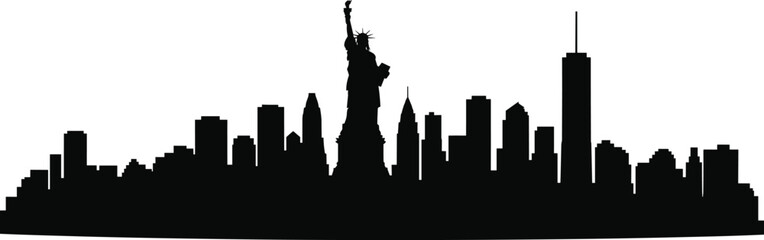 Obraz premium New York skyline silhouette with Statue of Liberty and Manhattan skyscrapers, minimalist black urban landmark architecture horizon isolated on light background for travel design