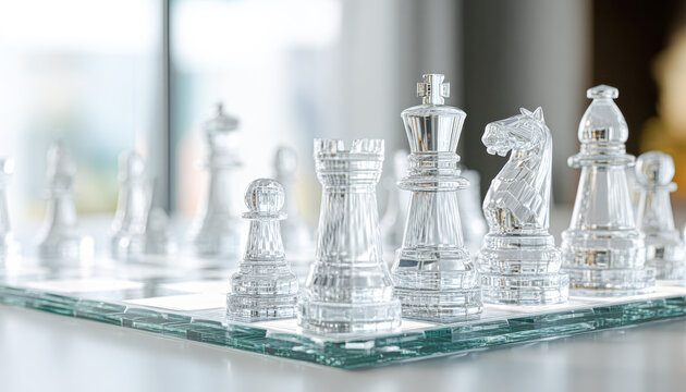 Transparent glass chess pieces arranged on a glass chessboard with a soft, bright background.