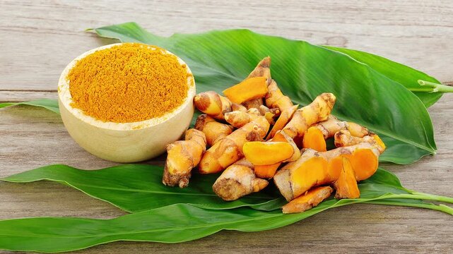 Close-up of turmeric powder in a wooden bowl with sliced fresh turmeric root on a wooden background, natural spice for cooking, herbal medicine, and healthy ingredients