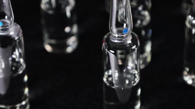Transparent ampoules filled with medicine against a black background. 4K video