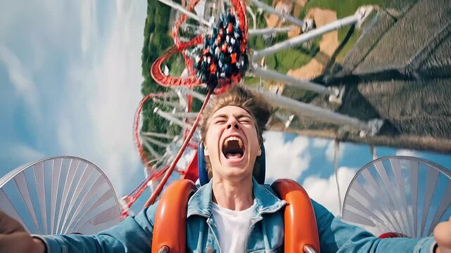 Excited young man screaming on roller coaster ride at amusement park with thrilling loops and turns