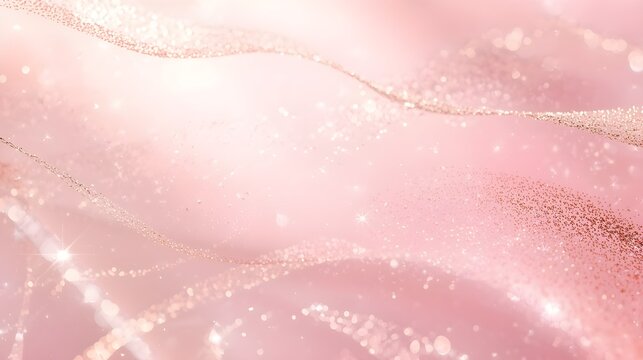 Dreamy rose gold glitter waves with ethereal light bokeh on pink background