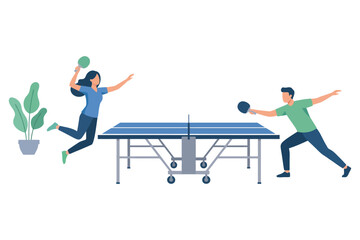 Fototapeta premium Two players actively engaged in a table tennis match indoors.
