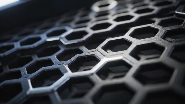 Close-up of metallic hexagonal grid abstract texture