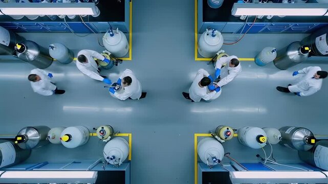 Overhead laboratory floor with researchers moving between cryogenic tanks and workstations, technicians transporting sample containers, quality inspector scanning identifiers, lab manager