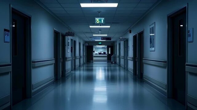 Empty hospital corridor stretching through medical facility interior after staff departure, wide symmetrical hallway perspective showing clinical environment, healthcare infrastructure, night shift.1