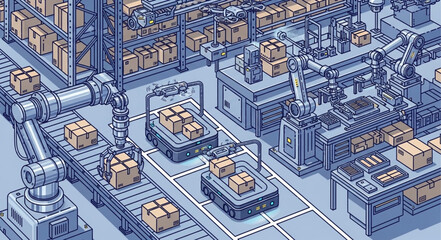 Obraz premium Automated Factory Production Line With Robotic Arms And Conveyor Belts.