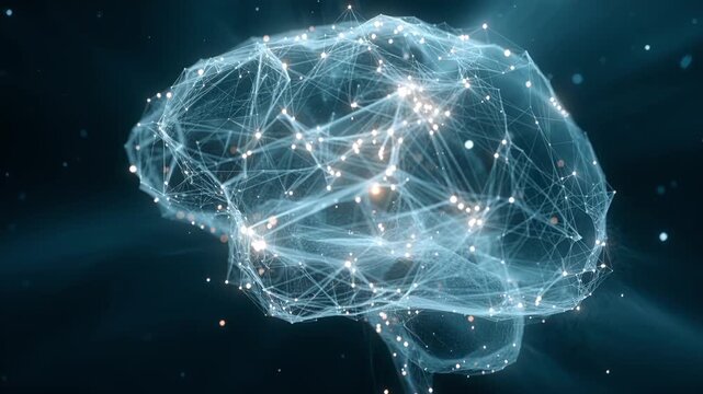 Digital brain with intensely glowing nodes and light rays symbolizing a breakthrough idea. Brain activity, Innovation, Powerful AI