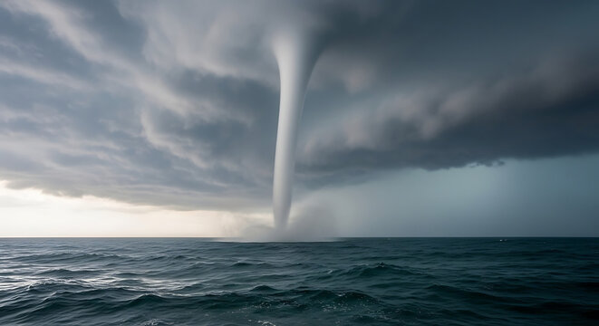 Massive Waterspout Tornado Over Dark Ocean During Storm