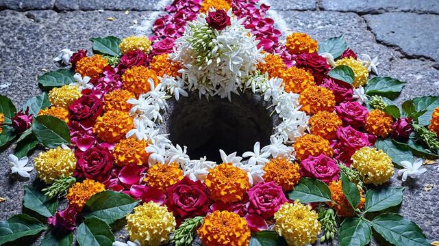 Intricate Floral Arrangement Of Orange Yellow Red White Flowers And Green Leaves Decorating Stone Surface With White Powder Detail In Daylight Outdoor Setting