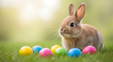 Fototapeta premium A cute brown rabbit sitting in green grass surrounded by colorful Easter eggs on a sunny day