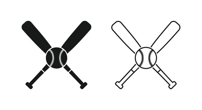 Two crossed baseball bats and a ball black and white graphic silhouette