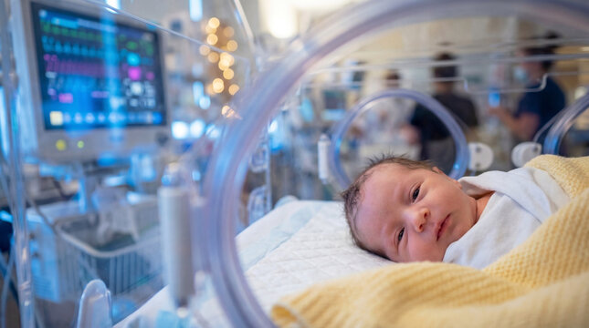Newborn baby resting inside a transparent hospital incubator in a neonatal intensive care unit.
