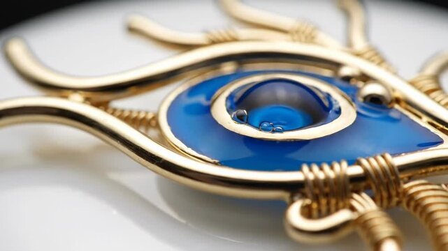 Intricate Golden Wire Wrapped Pendant Featuring a Vibrant Blue Eye Symbol Macro Shot with Subtle Reflections and Smooth White Background