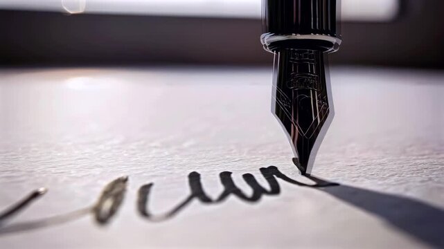 Closeup fountain pen nib writing on textured paper, elegant black ink forming flowing signature strokes, soft window light casting warm shadow and bokeh, shallow depth of field highlighting