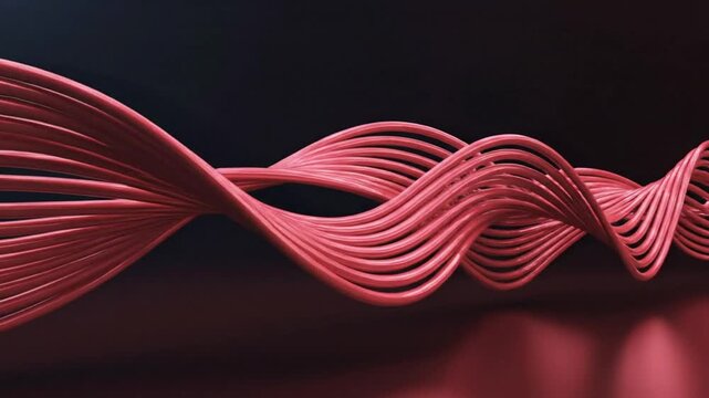 Abstract red wave of curved lines flowing against a dark background, 3D render